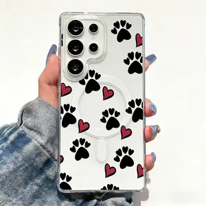 Premium Transparent Heavy Duty Phone Case with Cute Paw Prints and Hearts Design for Samsung Galaxy S25 S24 S23 Plus FE S22 Ultra Shockproof Drop Protection Wireless Charging Compatible Magnetic Ring Support