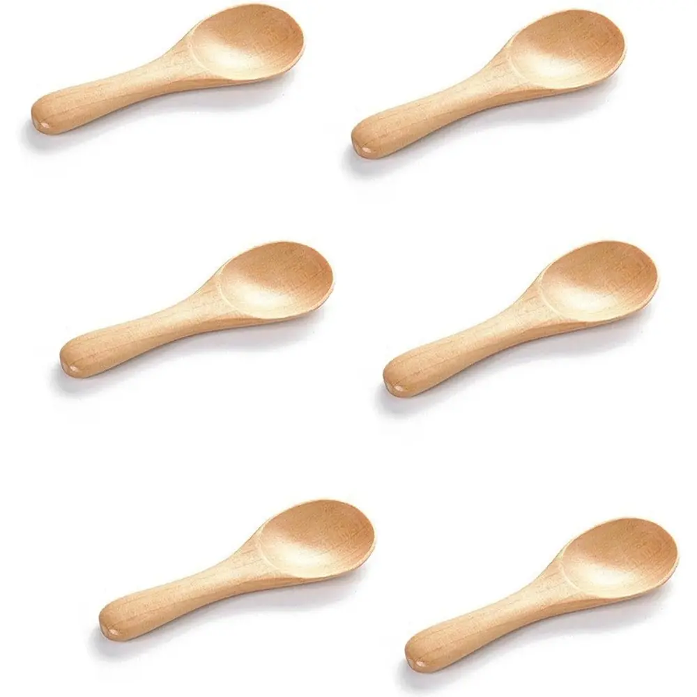 6 PCS Ergonomic Natural Wood Mini Teaspoons (3.9 in, 1.2 in Wide) - Sturdy Reusable Small Size Kitchen Cutlery for Spice Jars, Buffet Condiments - Cooking & Serving Utensils