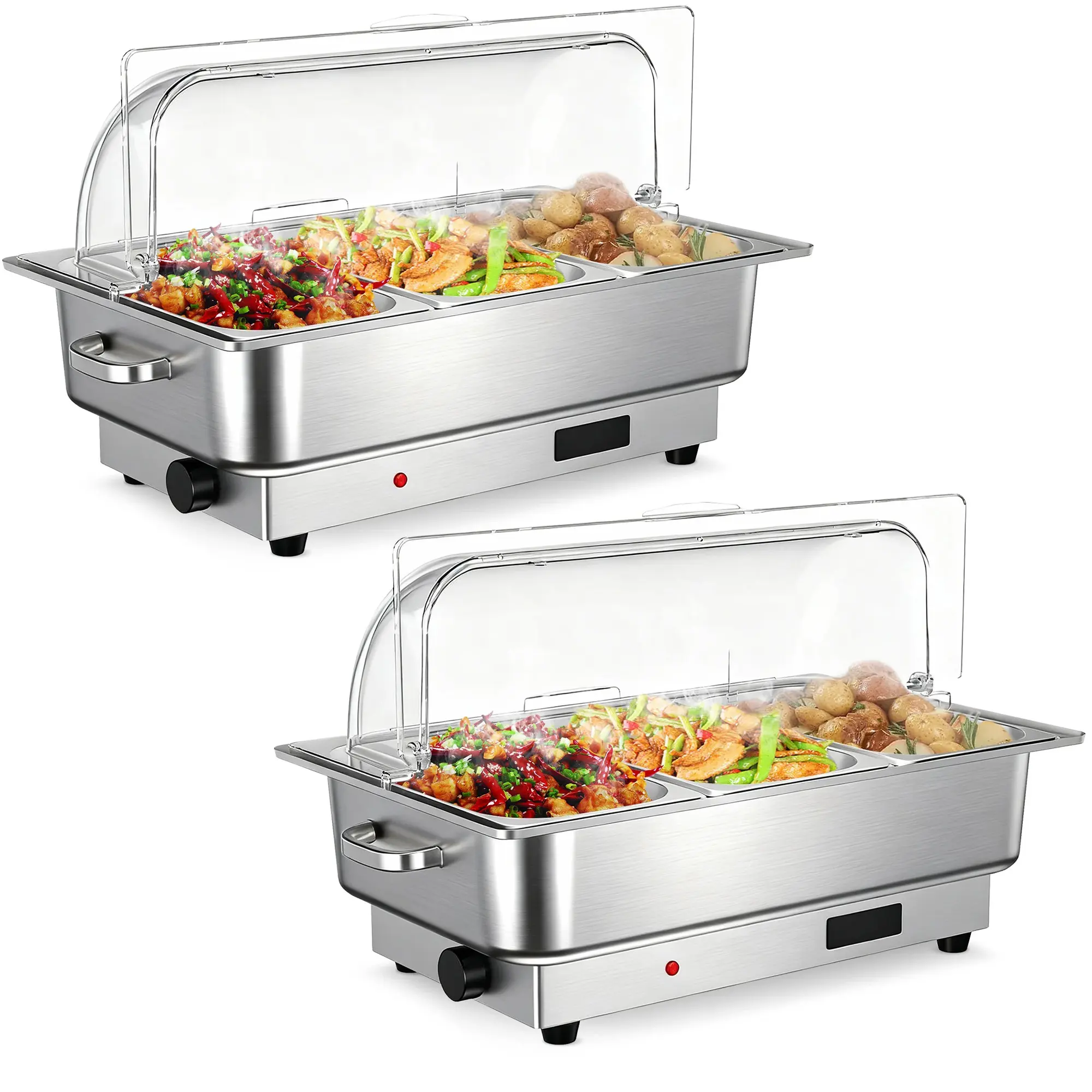 Electric Chafing Dish Buffet Set – 9QT Stainless Steel Food Warmer with Digital Temperature Control – Roll Top Transparent Lid – Includes 1 Full-Size & 2 Half-Size Pans – Dishwasher Safe Serving Trays for Parties, Catering, Weddings