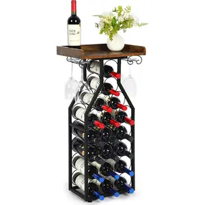 Wine Rack Floating Shelvesr Versatile Liquor Stand for Home Bar Mini Bar Table Wine Holder Stand Liquor Cabinet with Glass Holder Wood Tabletop 19 Bottles Floor Dining Room, Living Room