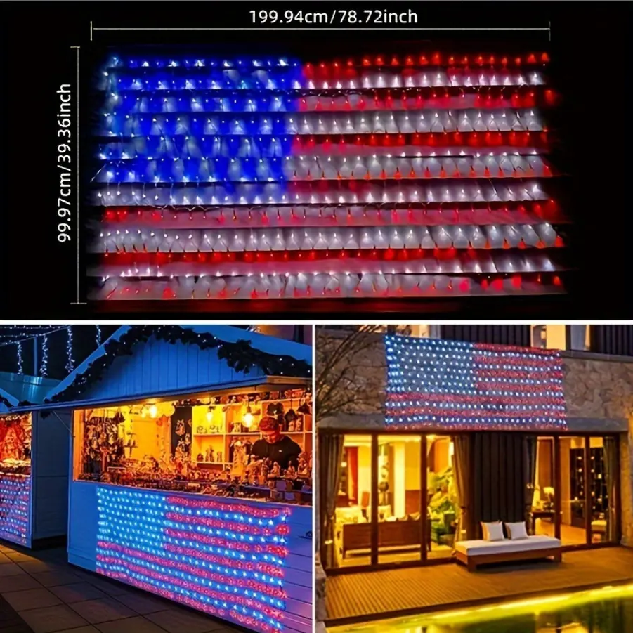 420 Bright LED US Flag Net Lights Outdoor Waterproof String Lights