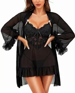 Women Sexy Lingerie Set 2 Piece  Lace Strap Chemise Sleepwear Mesh Nightgown