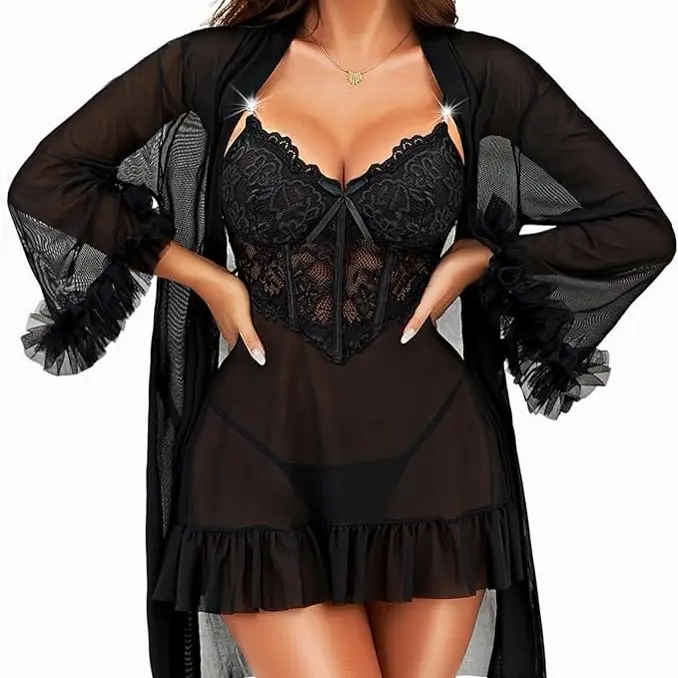 Women's 2-Piece Soft Bridal Lingerie Set - Long Sleeve Lace Strap Chemise, Deep V-Neck Mesh Nightdress with Lace Pattern for Party, Beach Nightwear & Loungewear
