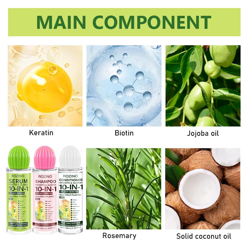 ROZINO 10 in 1 Hair Care Set Shampoo Conditioner Serum 100ml Keratin Jojoba Oil Long-lasting hydration and smoothness Plump and voluminous Essential moisture for radiant shine Suitable for all hair types