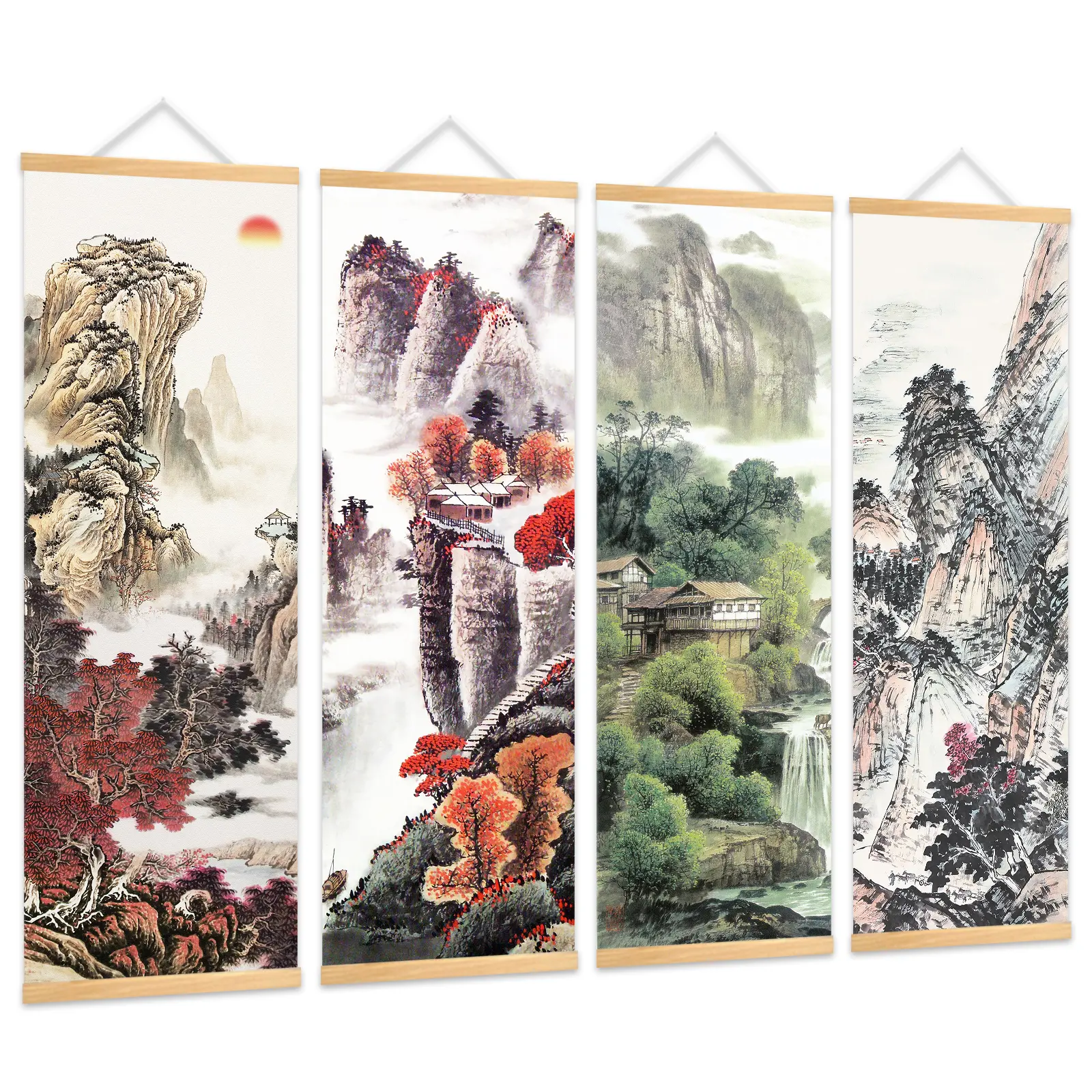 4Pcs Asian Inspired Chinese Wall Scrolls, 11.81x35.43in Prints Canvas Wall Art Poster, Artistic Oriental Pictures Hanging for Living Room, Bedroom, Bathroom Wall Decor