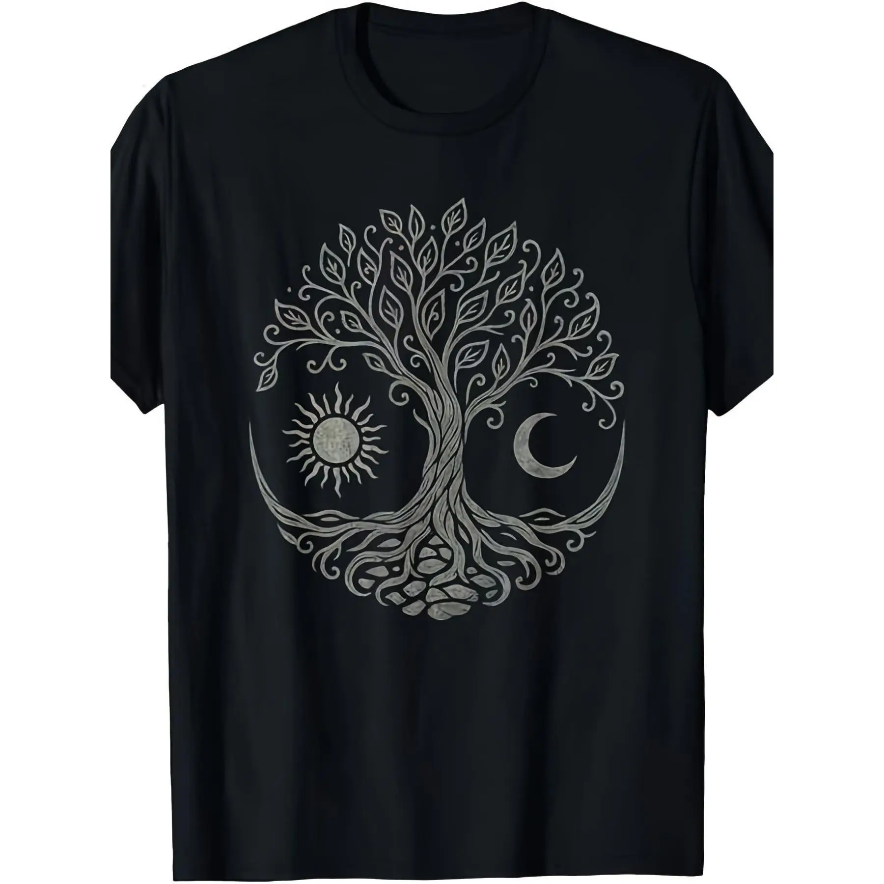 Men's Cotton Crew-Neck T-Shirt - Nordic Viking Pagan Druidic Rune Magic Yggdrasil World Tree Art Design, Soft Breathable Fabric, Regular Fit Casual Wear