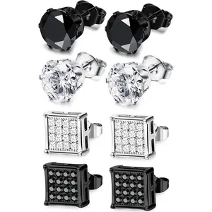 MILACOLATO 4 Pairs Stainless Steel Stud Earrings for Men Women Silver Black Square Earrings Set Mens Earrings Inlaid Cubic Zirconia 6-10MM