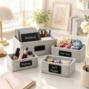 4 Pack Woven Storage Baskets Set, Stackable Paper Rope Organizer Bins with Writable Labels, Rectangle Cube Storage Boxes for Bathroom, Closet, Office, Bedroom (Gray)