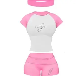 Glamour 2 Piece Tracksuit - Pink & White Color Block Design with Logo Detailing for Women