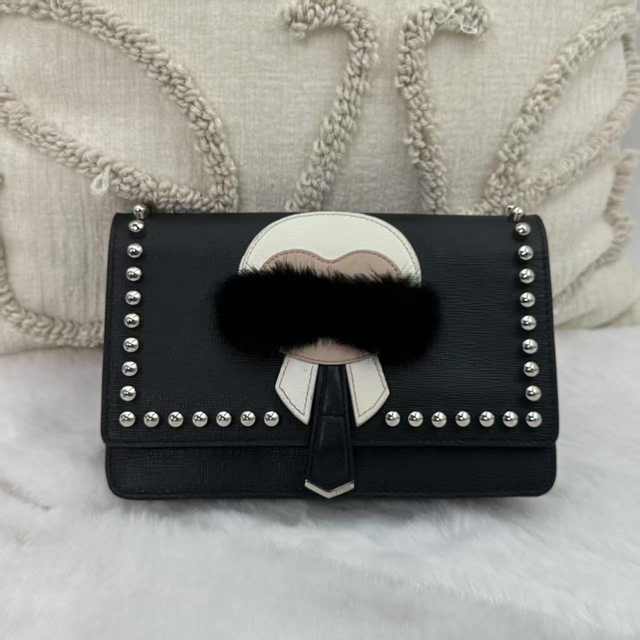Pre-owned FENDI Karl Lagerfeld Chain Bag | Black Leather Fur Karlito|18883029