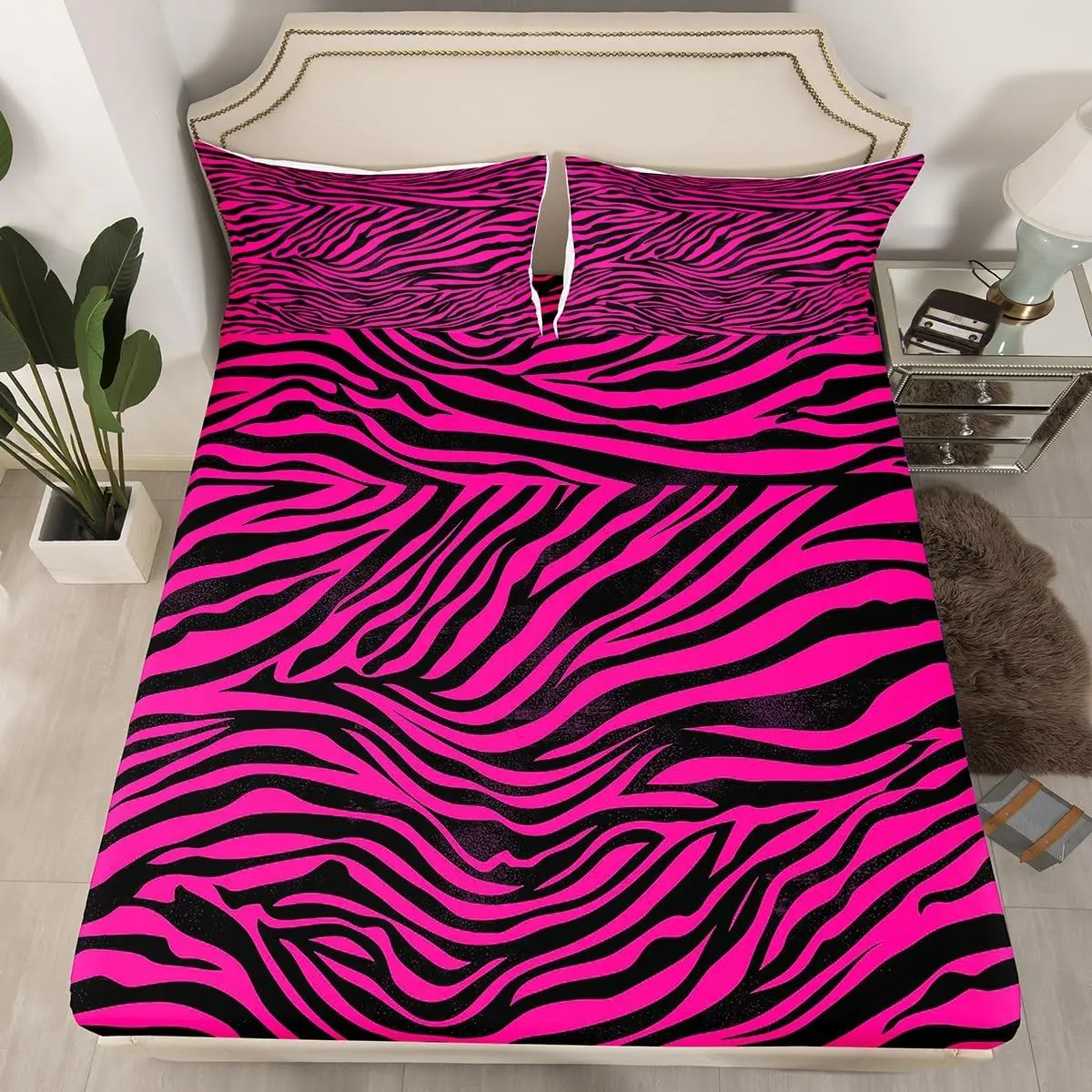 Zebra Bed Sheet Set Animal Print Fitted Sheet Decor Hot Pink Bedding Set Microfiber Abstract Art Bed Cover Bedroom Stripes Bed Set
