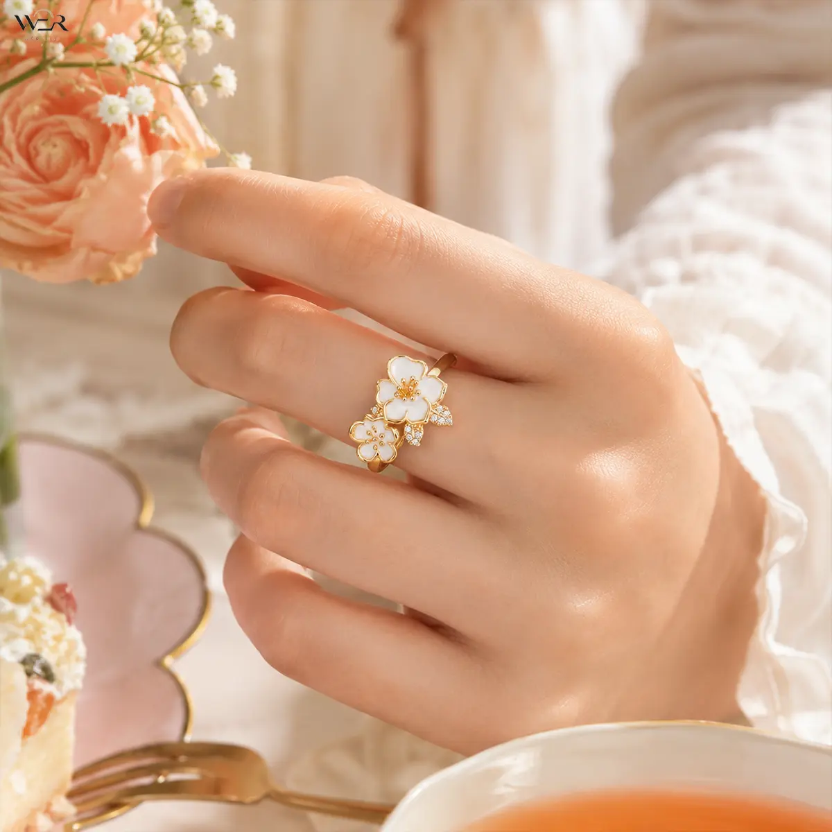 Women's Gold-Tone Cherry Blossom Ring - White Enamel, Crystal Flower Embellished, Sparkling White Flower Accent Costume Jewelry - Lightweight, Comfortable, Versatile Feminine Accessory for Daily Wear, Gift Idea, Crystal Flower Embellished Rings, Sparkling