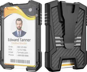 Carbon Fiber Badge Holder/ID Card Holder/Portable Travel Wallet with Manganese Steel Clip, Heavy Duty Vertical Clear ID Holder for Work ID, Credit Cards