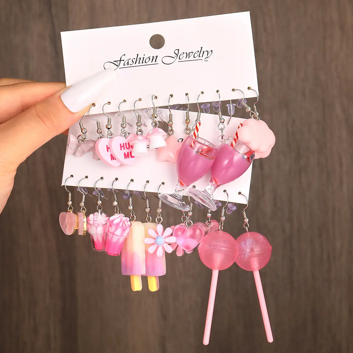 New ins sweet and cute girly fresh earrings, pink butterfly lollipop flower earrings, 12 pieces