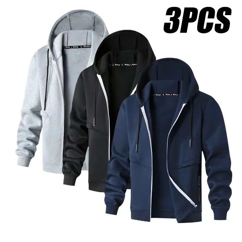 3-Pack Men's Fluffy Inner Jacket, Autumn and Winter Fashion Casual Simple Sports Jacket, Men's Trendy Fashion Hoodie, Men's Hooded Sweater, Men's Long Sleeve Shirt, 100% Polyester Multifunctional and Zipper Pockets, Three-color optional (black, gray, blue