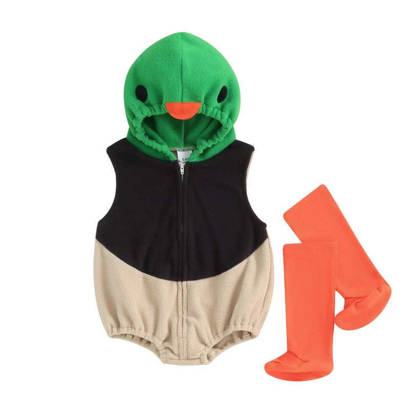 Baby Duck Costume, Sleeveless Hooded Zipper Closure Romper with Leg Warmers Halloween Cosplay Animal Romper Toddler Duck Costume