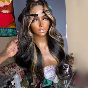 180 Density Shiny Blonde and Natural Black Highlights 13x6 13x4 HD Lace Frontal Human Hair Wig Body Wave 5x5 Lace Closure Wig Transparent Lace Pre Plucked For Women