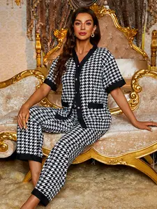 Two-piece Set Women's Houndstooth Print Button Front Pocket Shirt & Elastic Waist Pants Pyjama Set, Contrast Binding V Neck Half Sleeve Top & Trousers Pj Set, Fashion Ladies Sleepwear Wear for All Seasons