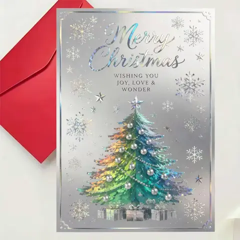 Exquisite Laser Christmas Card, Silvery Background with Sparkling Snowflakes And Colorful Christmas Tree, Printed with Merry Christmas And Blessings, Suitable for Friends And Family, with Envelope