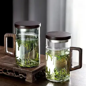 450ml Walnut Wooden Handle Glass Cup with Tea Infuser Filter Flower Tea Water Separation Scented Mug Office Portable Drinkware Floral Gift Mug