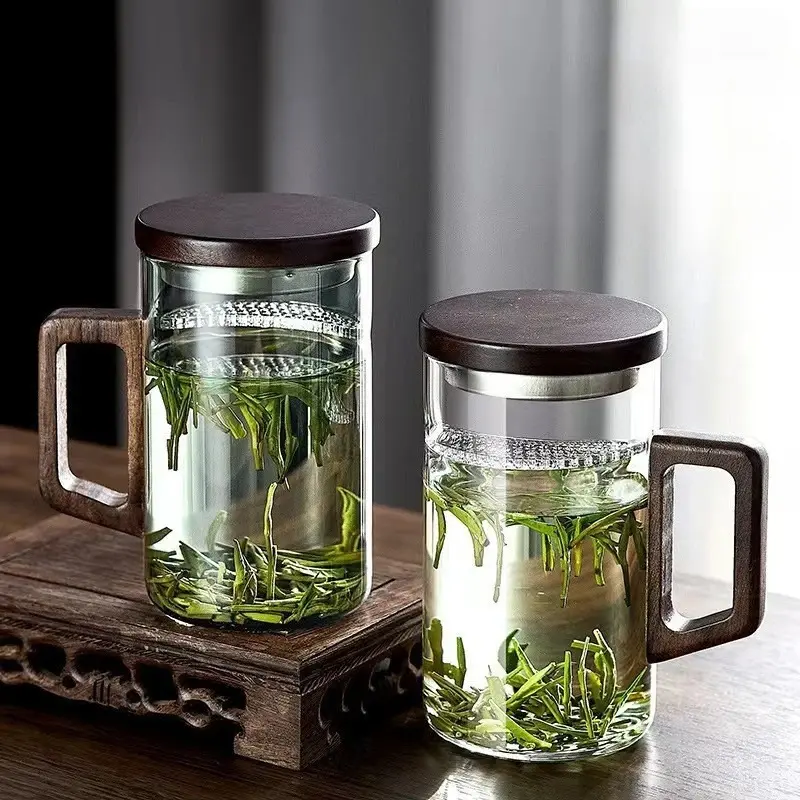 450ml Walnut Wooden Handle Glass Cup with Tea Infuser Filter Flower Tea Water Separation Scented Mug Office Portable Drinkware Floral Gift Mug Beverage Mug Cozy Mug