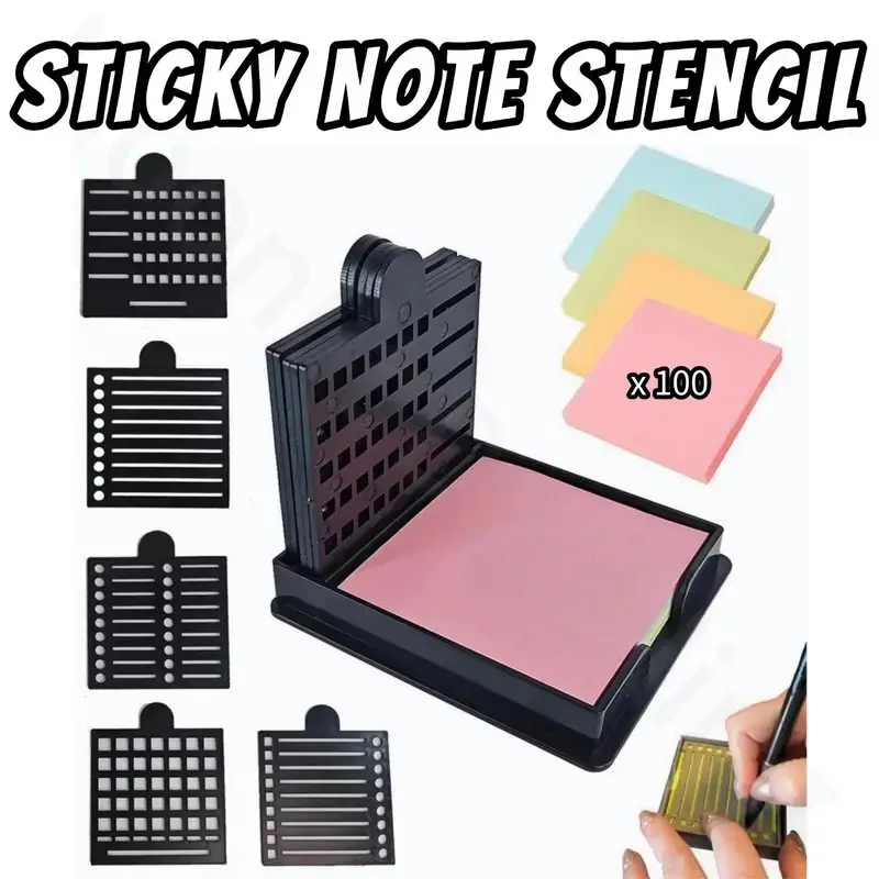 Stencil & Stand Set for Sticky Notes. Includes 5 Versatile patterned reusable 3×3 inch writing stencils. Great for to-do lists, home and office use, Desk Organization, and note-taking for students in class.