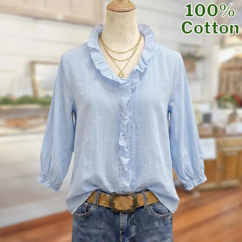 SageVell Women's 100% Cotton Fabric Blouse - Buttoned Collared V-Neck, Half Puff Sleeves, Ruffled, Light Blue Button Down - Casual Corporate Office Wear, Evening Party Basic Top