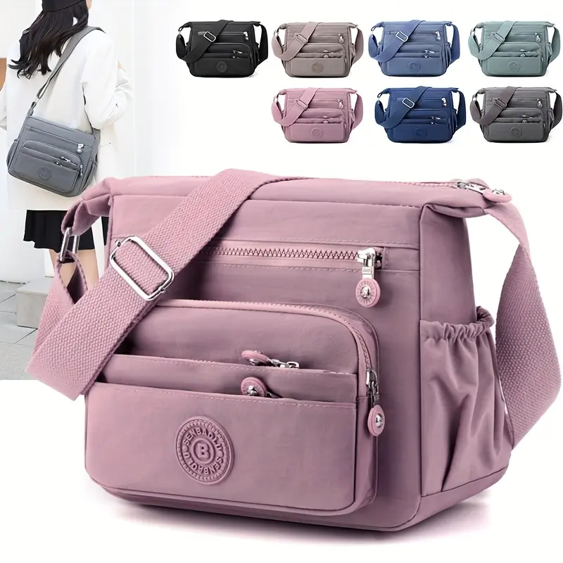 Women's Solid Nylon Crossbody Bag, a Lightweight Multi-Pocket Shoulder Bag with an Adjustable Strap for Outdoor Travel and Leisure, Casual, Messenger Bag