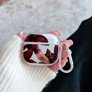 Bloody Lily Dew Pattern Protective Case for AirPods 4/3/2/1/Pro/Pro2 Soft TPU Earphone Cover, Transparent with Keychain