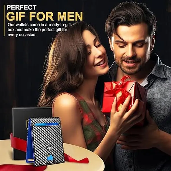 Wallet for Men Slim Mens Wallet RFID Blocking Front Pocket with 11 Card Slots Minimalist Bifold Credit Card Holder Genuine Leather Carbon Fiber Money Clip with Gift Box (Carbon Blue2) leather wallet