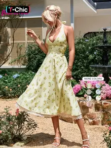 Parthea  V-neck Halter Tie Back Smocking Ruched Floral Print Lace splicing Bodycon Dress,A Must-Have Sexy Long Dress for Casual Vacations Lace Trim Dress