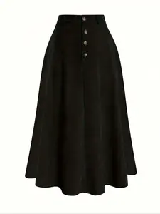Women's Plus Size Fitted Front Button Corduroy Bell Skirt A-Line Midi Dress, Casual High Waist Flared Skirt for Spring & Fall