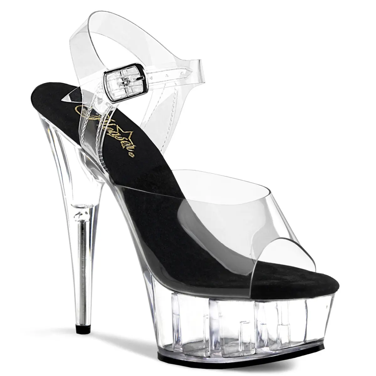 Pleaser Delight-608 Women's 6" Stiletto Heel Sandals, Transparent Peep-Toe Platform with Ankle Strap for Evening Wear, Stylish Footwear, Chic