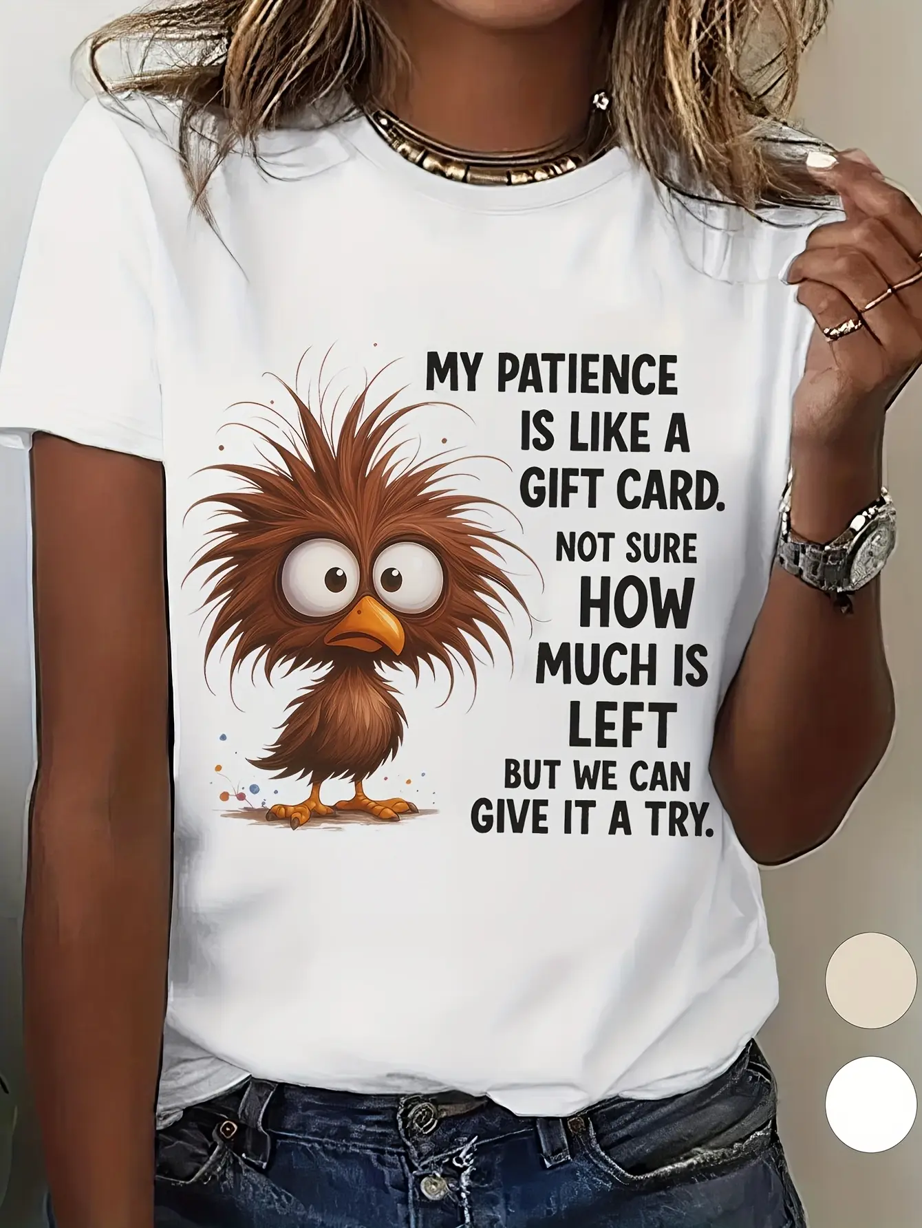 Funny "My Patience" Ladies T-Shirt- Beige Top with Cute Bird Pattern- Soft Daily and Party Shirt- Casual Elegant Ladies Clothing- Perfect Gift for Her- Four Seasons Wear, Ladies T-Shirt, Festival Clothing, Joke Design, Medium Stretch Fabric