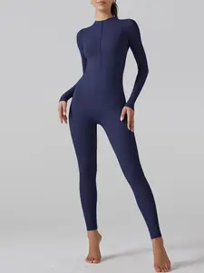 Women's Solid Color Zipper Design Sports Jumpsuit, High Stretch Comfortable  Breathable Long Sleeve Stand Collar Jumpsuit for Yoga Gym Workout, Sporty Jumpsuit, Ladies Sportswear for All Seasons Valentine's Day