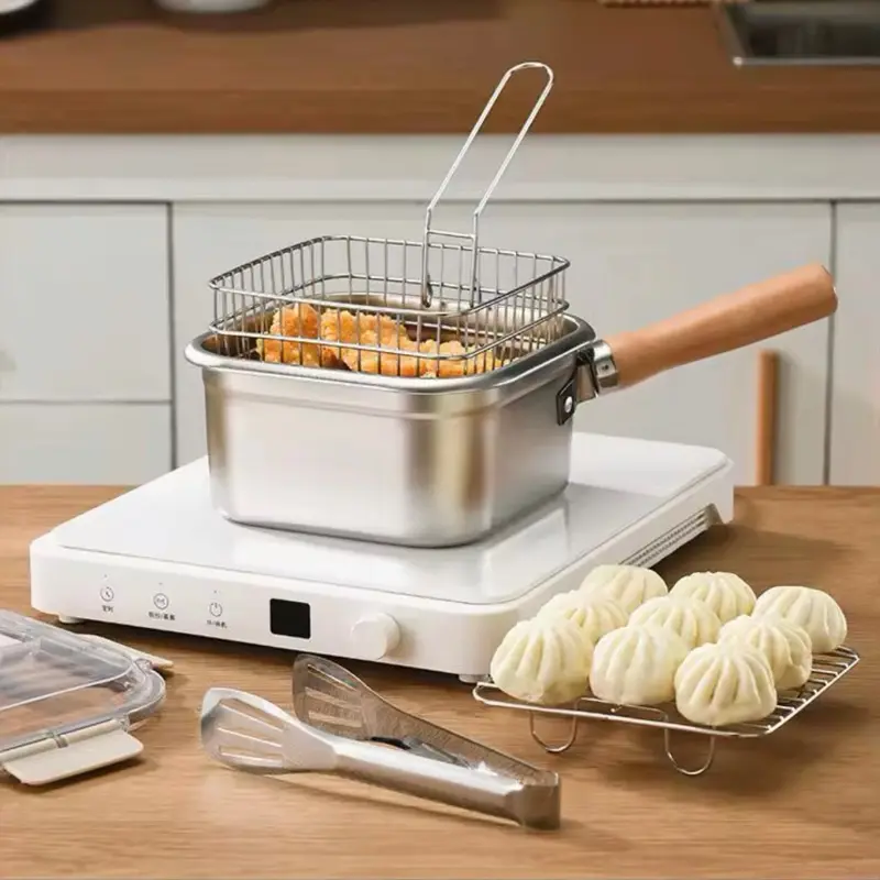 Stainless Steel Square Fryer Pot, 2026 All-in-1 Design Cookware with Wooden Handle, Kitchen Pans