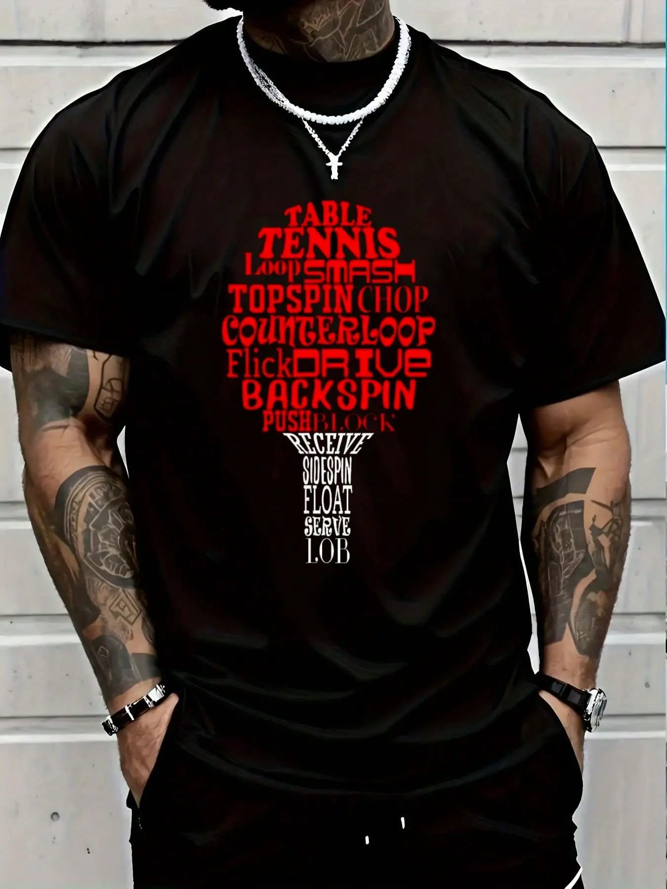 Men's 100% Cotton Playful Table Tennis Word Cloud Slogan T-Shirt - Whimsical Clothes, Short Sleeve Crew Neck Casual Distressed Summer Vacation Menswear Tops
