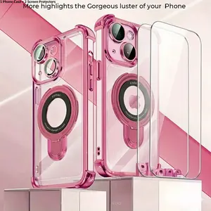 Phone Case - Set of 3 [1 Phone Cover with 2 Clear Screen Protectors] Transparent Magnetic Bracket Phone Case, Drop Resistant for Iphone 17, 16, 15, 14, 13, 12, 11 Plus Pro Max