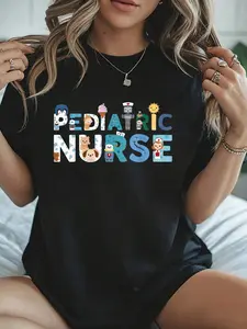 100% Cotton Pediatric Nurse PICU, Peds Nurse For Nursing Holiday Nurses T-Shirt, Women Graphic T Shirts -  Printed Short Sleeve T-Shirt Top