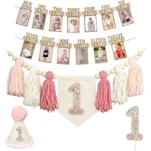 1st Birthday High Chair Banner Birthday Decorations for  Boy with Garland Crown Hat   Cake Topper  Photo Banner for Boy Wall Hangings Decorations