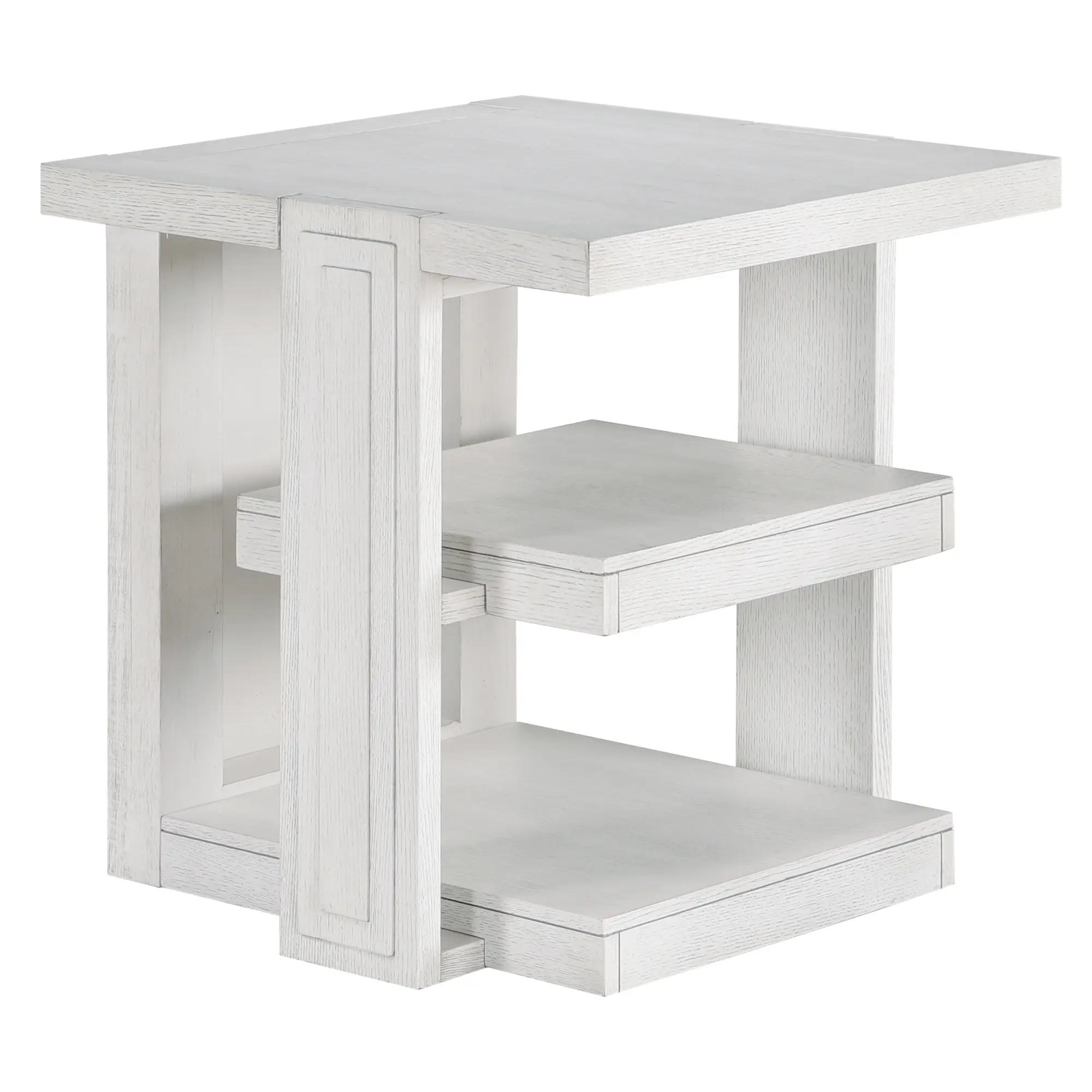 Sunset Trading Dover 24” Large Square Side End Table with Storage Shelves | Cerused White Oak Wood | 3-Tier Nightstand with Open Shelf for Contemporary Living Room, Bedroom, Office, Entryway