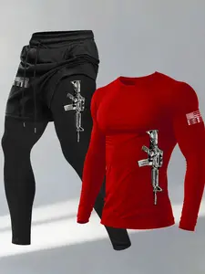 Men's 2-Piece Set Gun Pattern Print Round Neck Long Sleeve T-Shirt + Drawstring Waist Sporty Two-In-One Pants Sweatsuit Sets Athletic Tracksuit Set