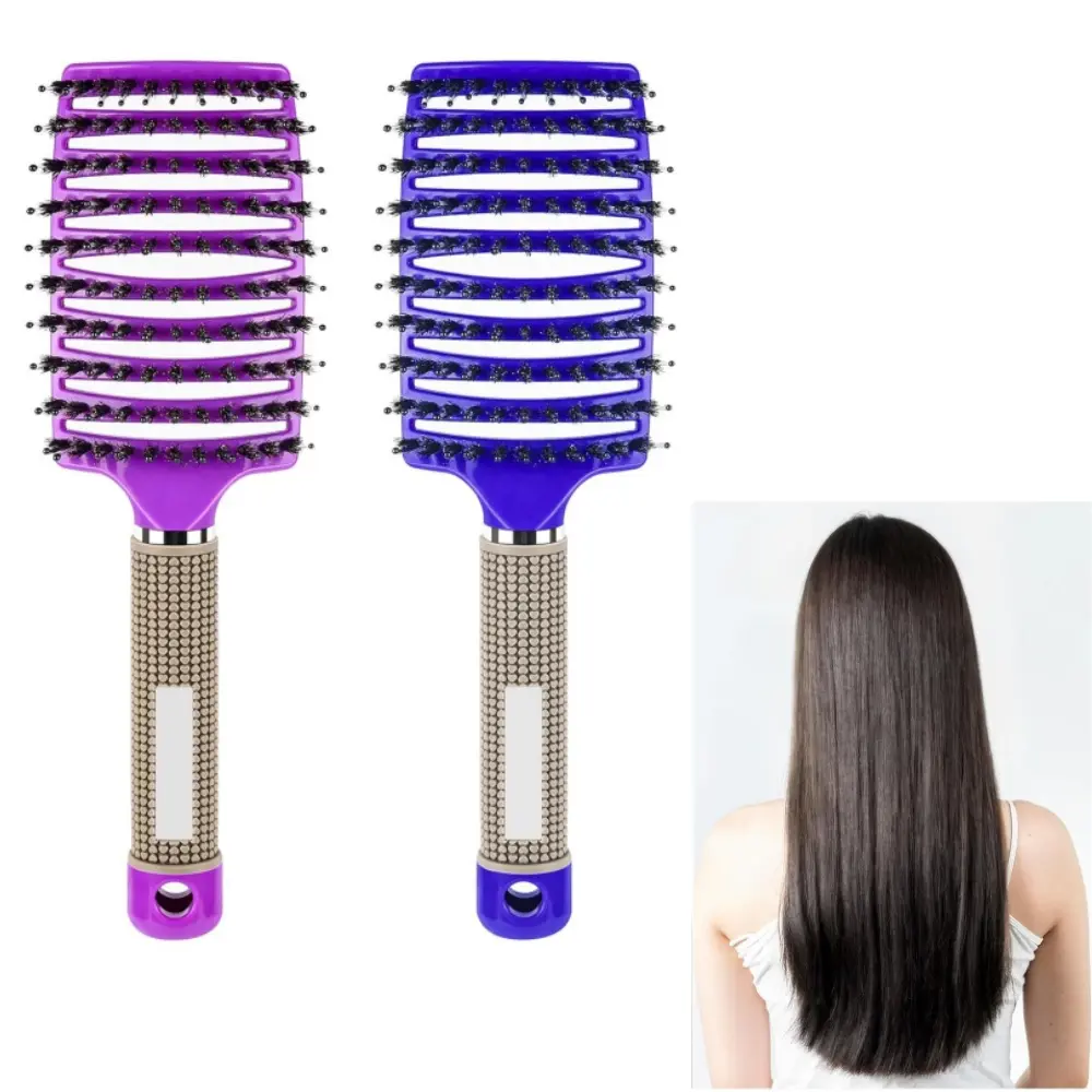 2-Pack Curved Vented Boar Bristle Styling Brush - Anti-Static Tool for Fast Blow Drying, Scalp Massage, Frizz Reduction, Shine Enhancement, Ideal for Curly & Other Textures, Curly Hair, Hair Styling