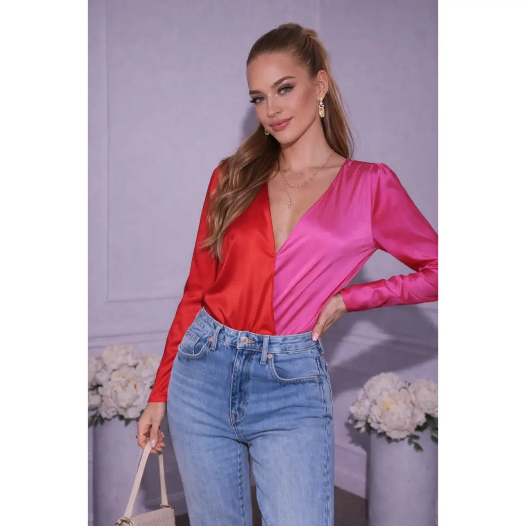 Take The Lead-  Two Tone Pink and Red V-neck Bodysuit