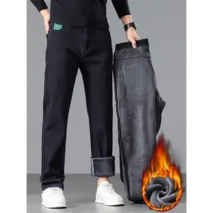 Men's Classic Straight Leg Jeans, Winter Thickened Fleece Washed Denim Jeans, Trendy All-Season Wear for Men