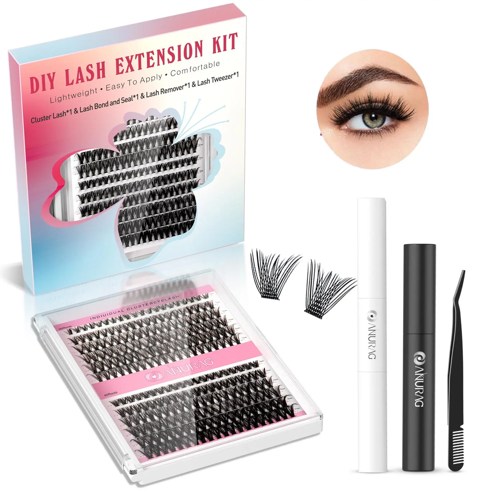 Eyelash Bundle 9-17mm Eyelash Bundle Extensions 30+40D Thick Volume Individual Eyelash D Curl Eyelash Bundle 240pcs DIY Eyelash Extensions,Applicator Tool,Super Keeps Eyelash Bundle Bonded and Sealed，Christmas gifts,#SummerWins #DealsForYouDays