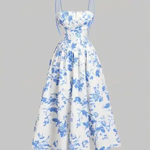 2026 European and American Amazon French Retro Floral Print Elegant and Intellectual Waist-Cinching Strap Dress for Women