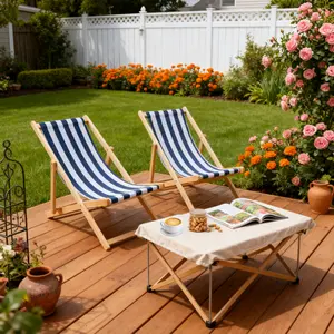 [Bellemave] Outdoor Folding Sling Chairs| Natural Wood Frame| Blue Stripe