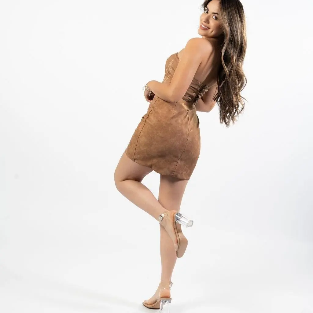 strapless open back dress Monnie Draped Open-Back A-Line Mini Dress in Chocolate Brown