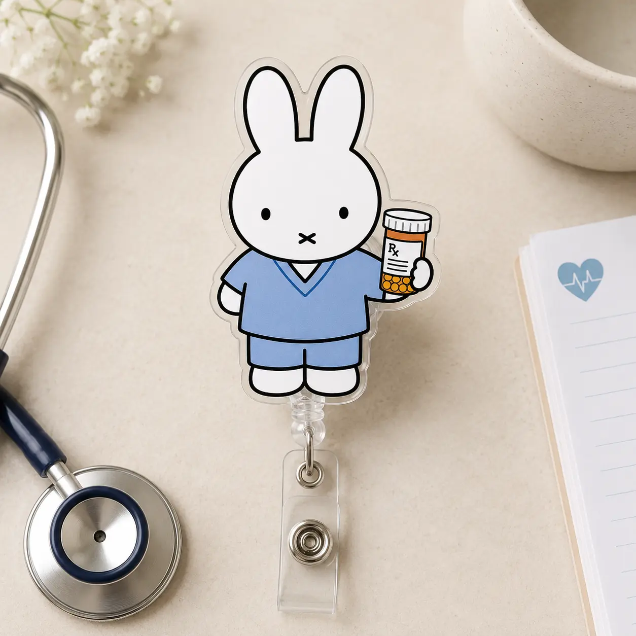 Cute Pharmacy Bunny Acrylic Badge Reel – Medical Scrubs Retractable ID Holder for Nurses, Pharmacists & Healthcare Workers